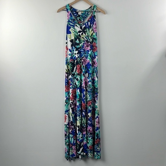 C&C California Floral Tropical Print Multi Color Blue Racerback Maxi Dress M - Picture 1 of 13